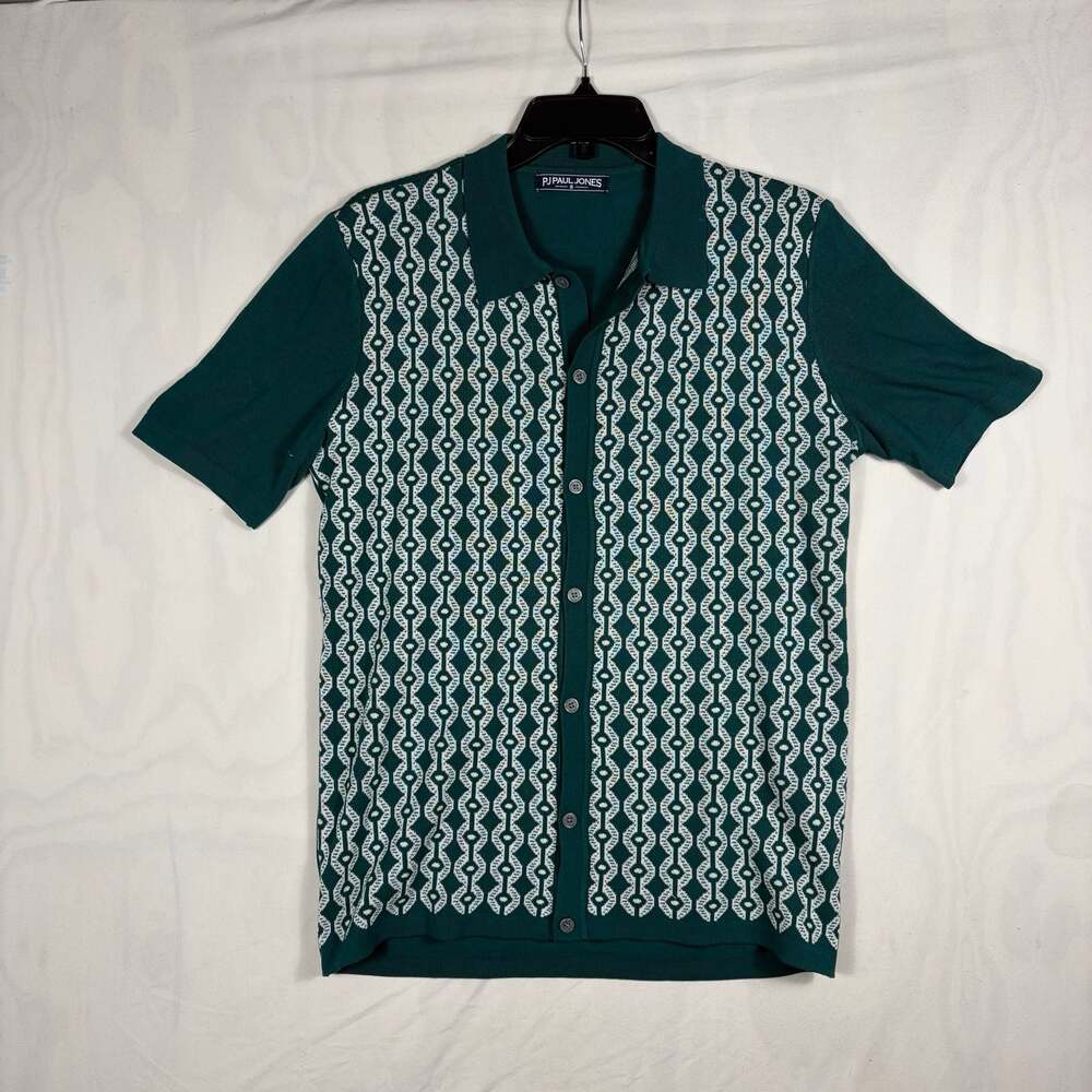 PJ Paul Jones Men's 70s Vintage Retro Geometric Contrast Polo Shirt Green Small